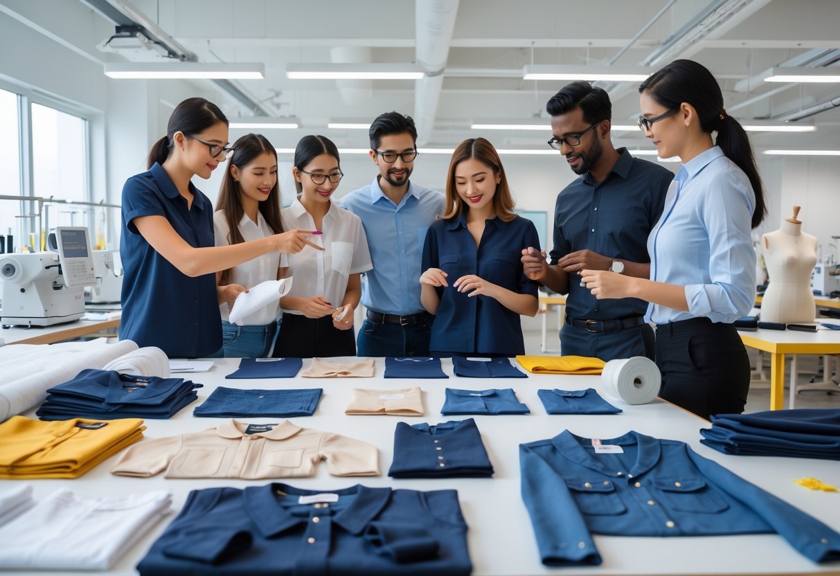 A group of fashion designers and garment technicians examining different garment samples on a table in a bright apparel production workspace.